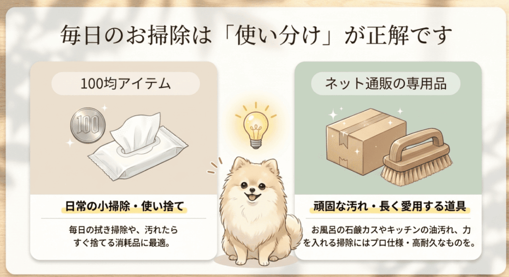 ダイソー・セリアのお掃除グッズ売り場の様子と、楽天で人気の高品質な掃除道具の比較イメージ