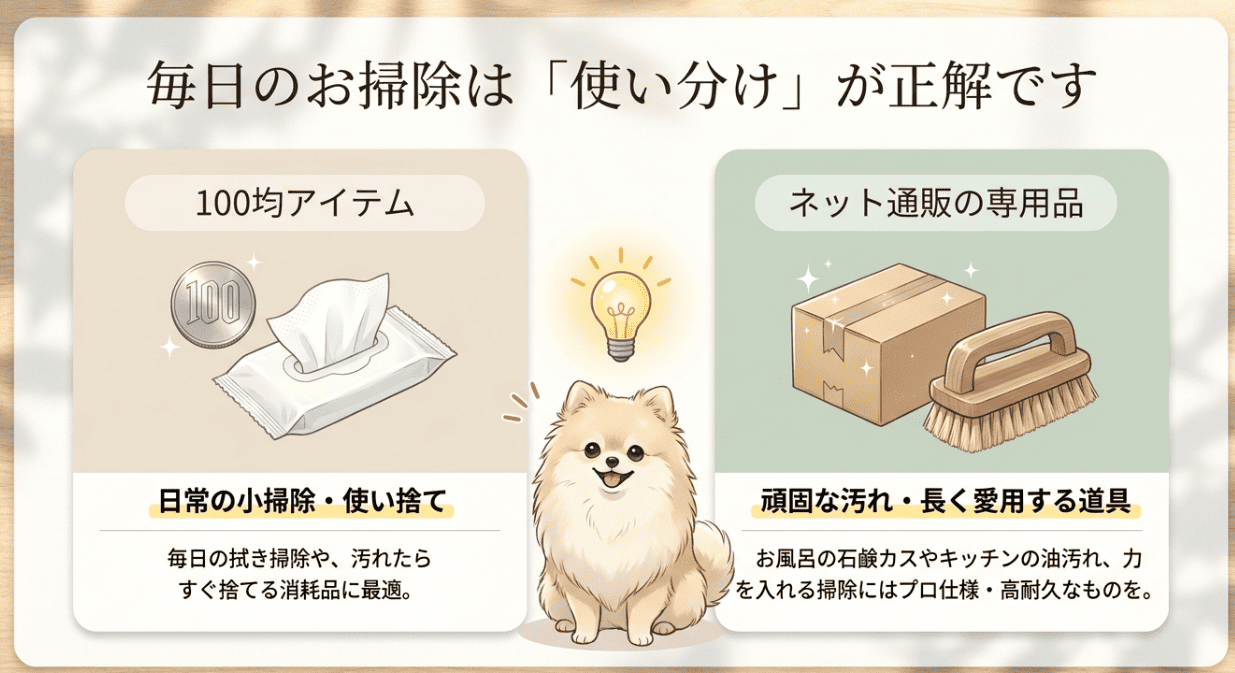 ダイソー・セリアのお掃除グッズ売り場の様子と、楽天で人気の高品質な掃除道具の比較イメージ