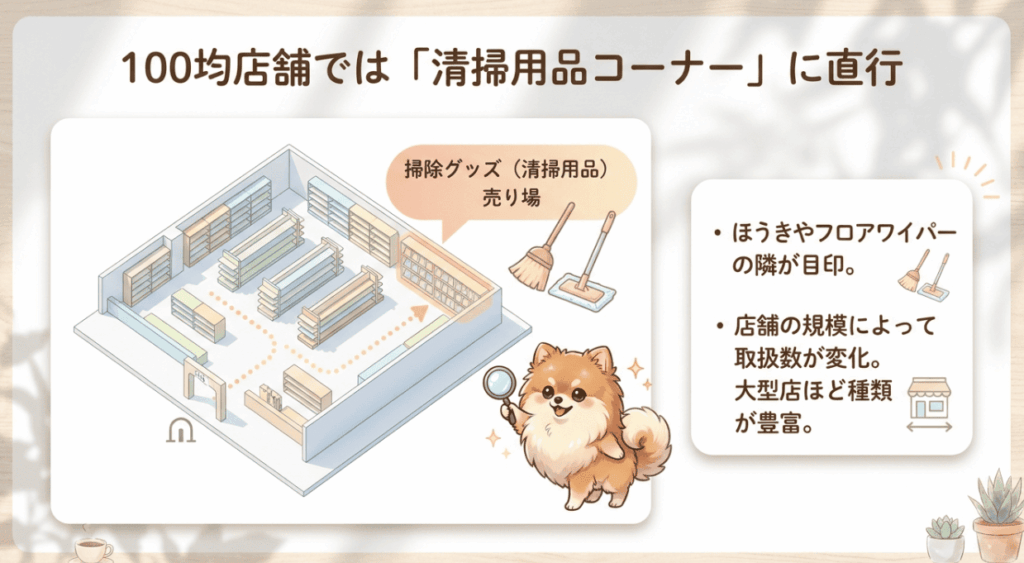 ダイソー・セリアなど100均のハンディモップ売り場と、楽天市場で人気の高品質なハンディモップを比較しているイメージ画像