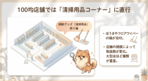 ダイソー・セリアなど100均のハンディモップ売り場と、楽天市場で人気の高品質なハンディモップを比較しているイメージ画像