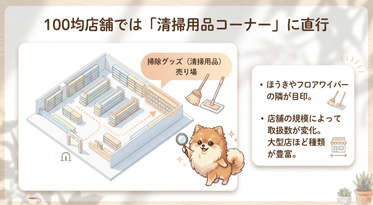 ダイソー・セリアなど100均のハンディモップ売り場と、楽天市場で人気の高品質なハンディモップを比較しているイメージ画像