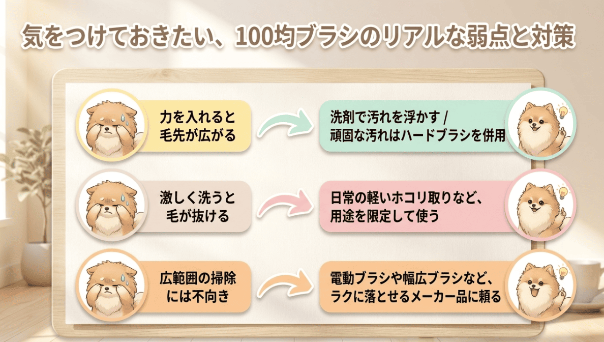 100均（ダイソー・セリア）の掃除ブラシ売り場と、楽天市場で人気の高耐久な掃除ブラシを比較・解説しているイメージ画像